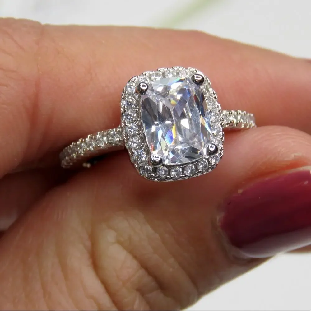 Macy's Square Cut Sterling Silver Moissanite Diamond Halo Ring S925 Size 7